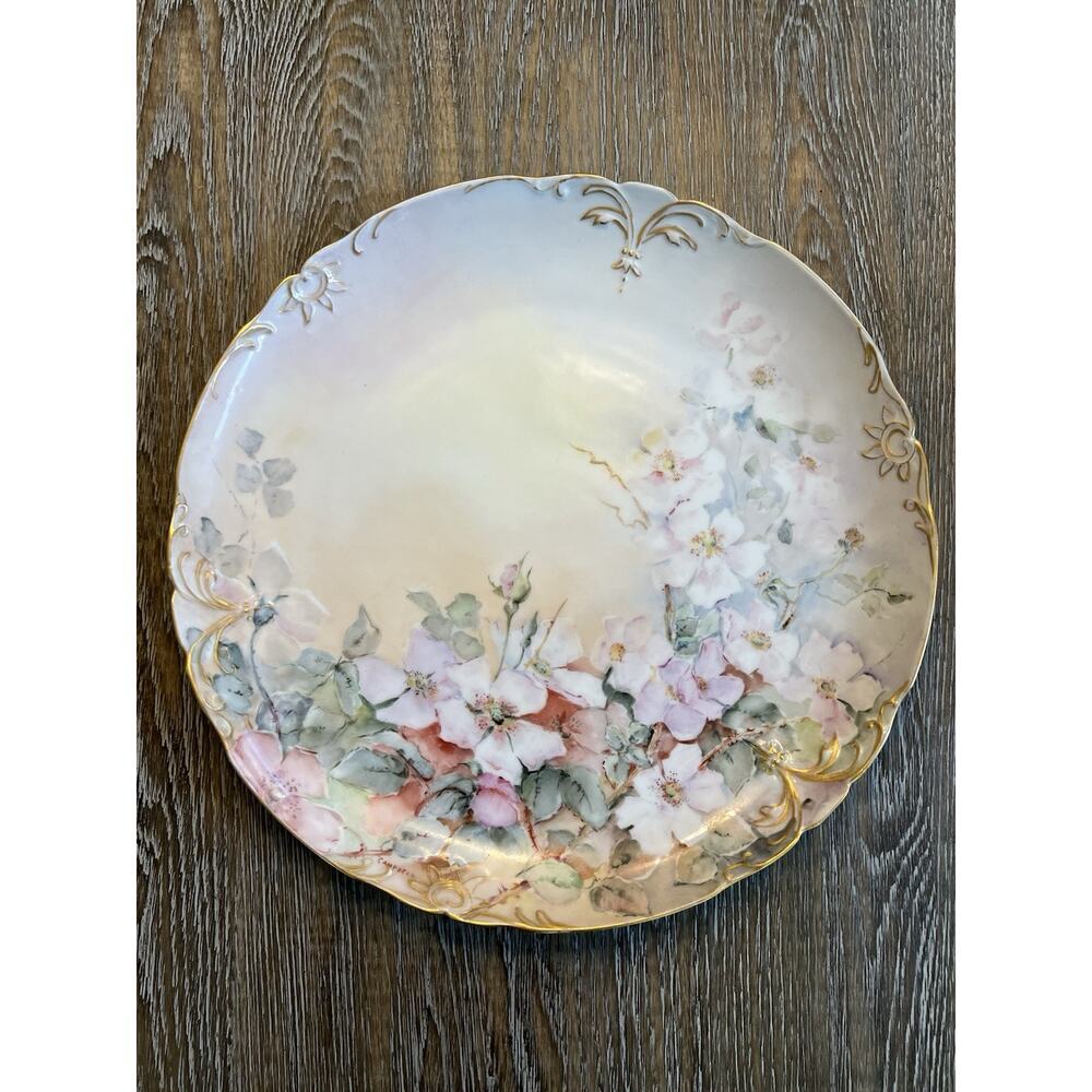 Antique Plate JPL Jean Pouyat Limoges France Hand Painted Gold Gilt 13”Porcelain